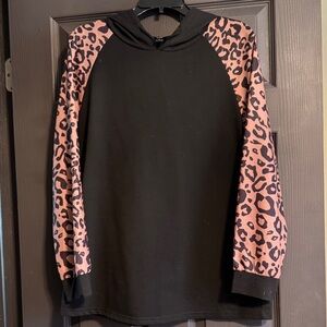 Black Hoodie with Pink Leopard Print Sleeves